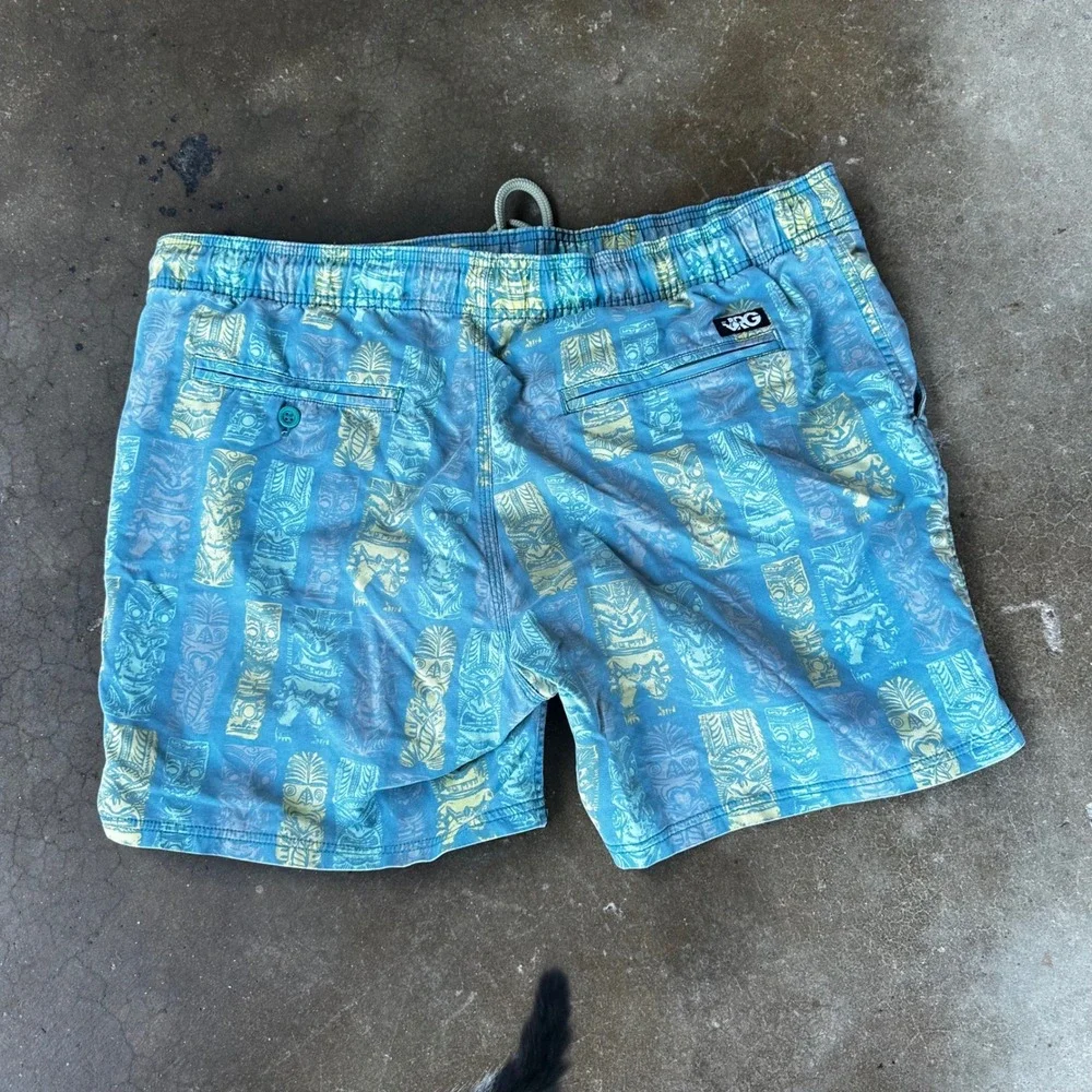 Rowdy Gentleman Swim Trunks Mens L Blue Tiki Print Drawstring Pockets Beachwear